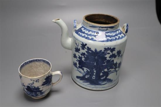 A 19th century Chinese blue and white teapot and a blue and white cup, height 14cm